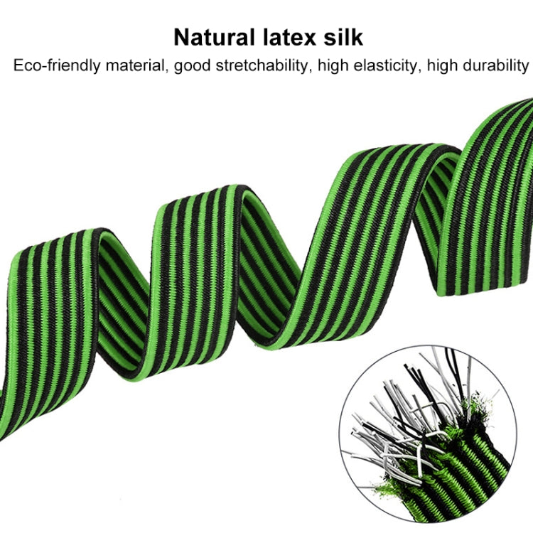Elastic binding rope with stitched weave, green and black striped strap