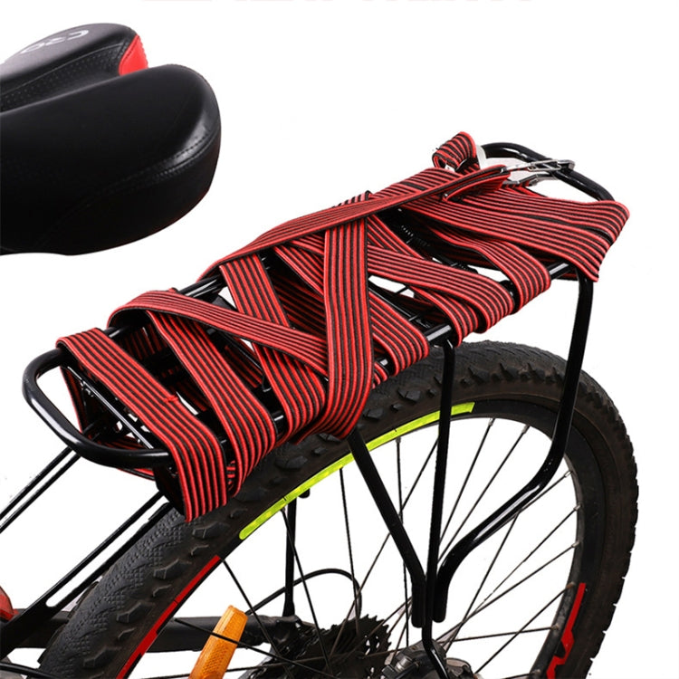 Elastic strapping rope with metal hooks on bicycle seat, red and black