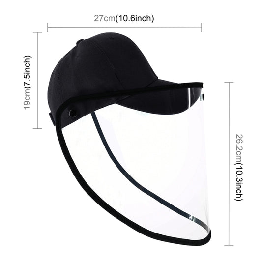 Black protective baseball cap face shield with clear visor and size dimensions