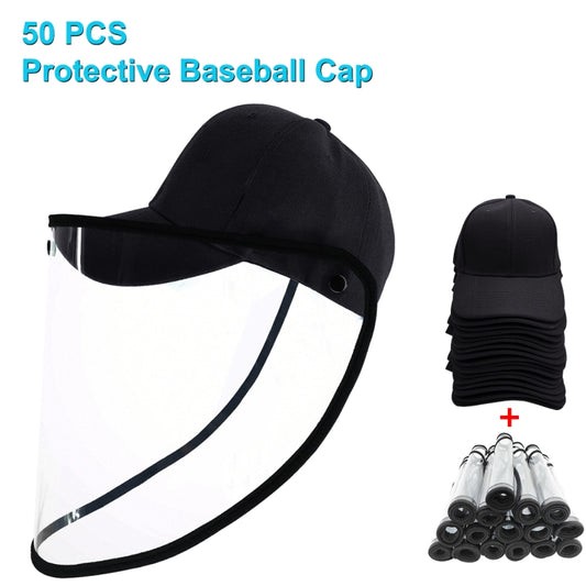 Black protective baseball cap with clear face shield and curved TPU visor