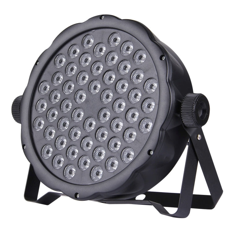 Black LED par light with round LED array and adjustable stand, angled view