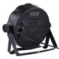 Black LED par light rear panel with LED display, ports, and vent holes