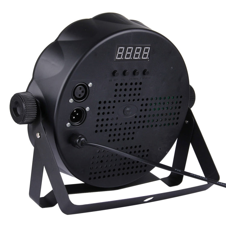 Black LED par light rear panel with LED display, ports, and vent holes