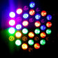 Glowing circular LED par lights with blue, green, red, and purple colors