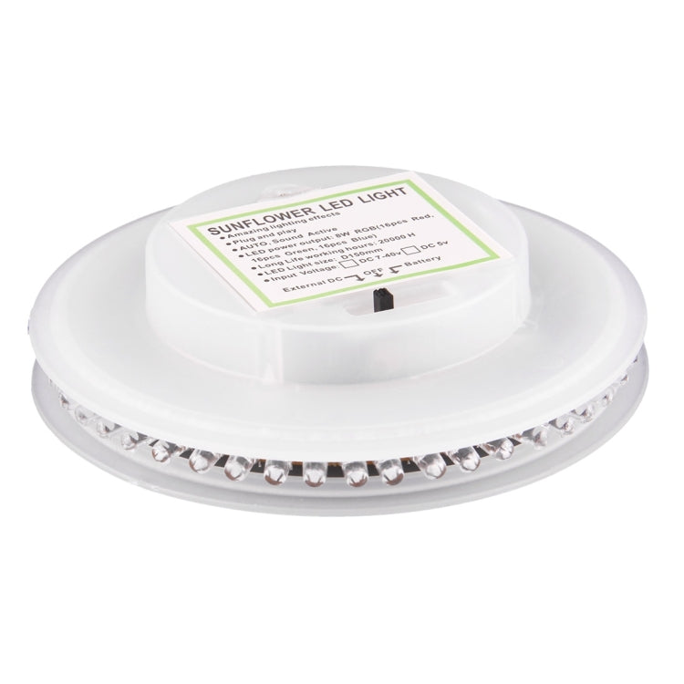 White circular sunflower LED stage light with top label and outer ring of LEDs
