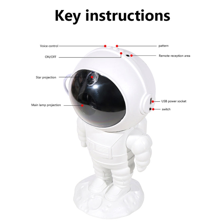 White astronaut projection lamp with visible controls and USB power socket