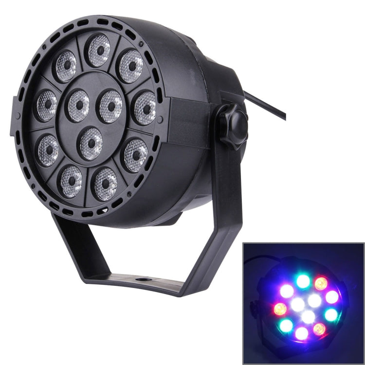 Black mini LED par light with 12 lens LEDs and angled bracket stand
