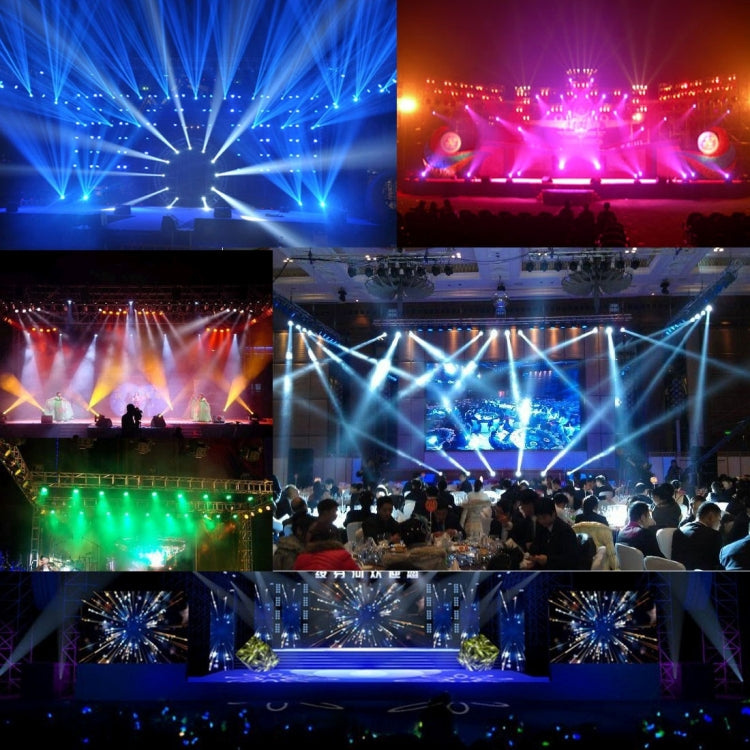 LED stage lighting emitting bright multi-color light beams across a live event stage