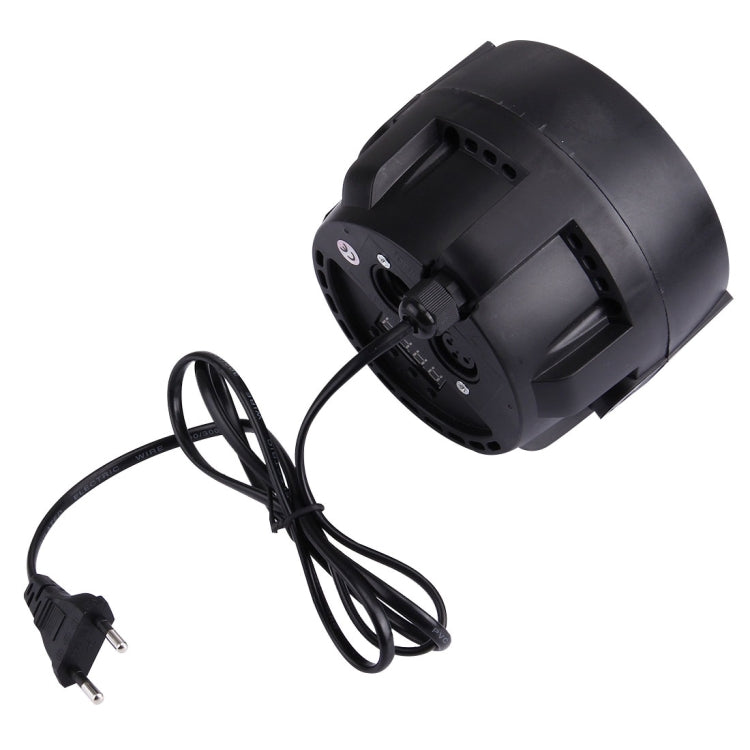 Black mini LED par light with power cord attached, rear view