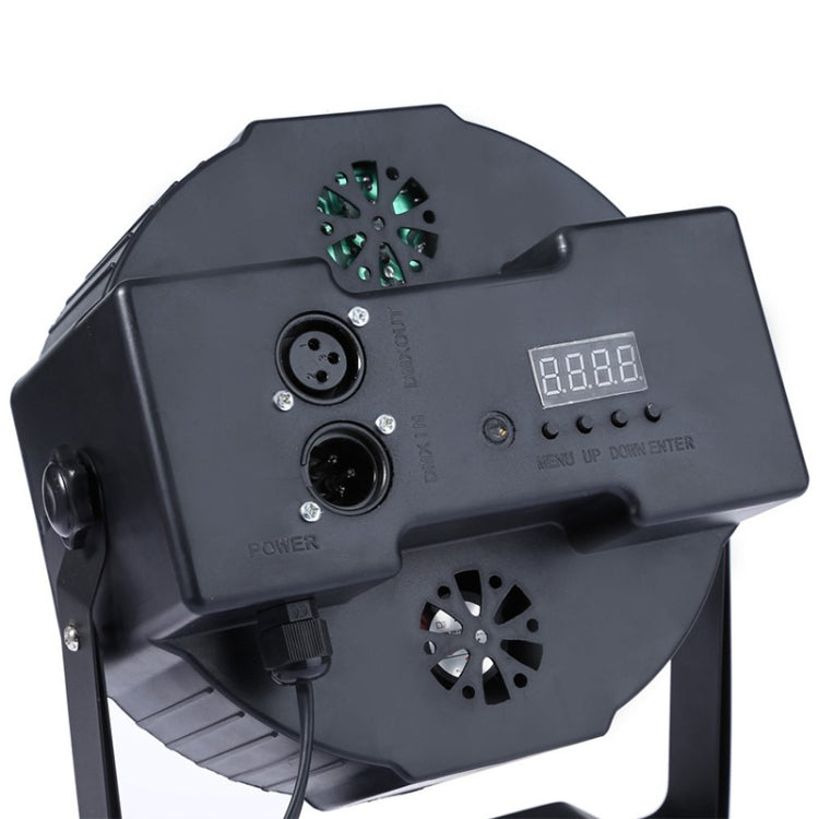 Black LED PAR light rear panel with DMX ports, display, and power input
