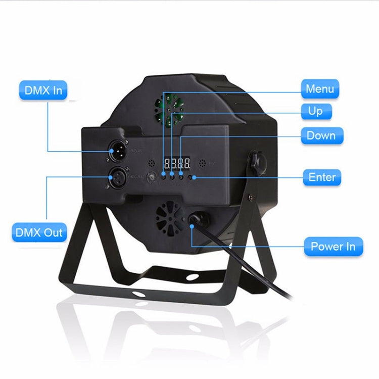 Black LED PAR light rear connections panel with DMX In/Out and menu controls