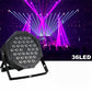 Black LED PAR light on stand with purple beams and 36-LED label