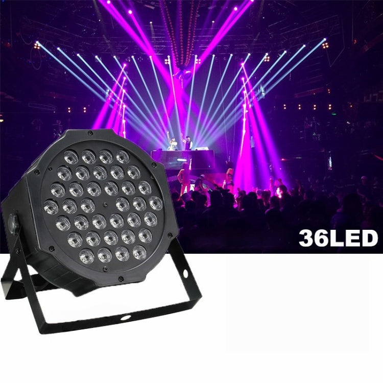 Black LED PAR light on stand with purple beams and 36-LED label