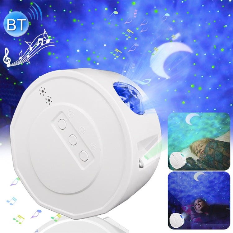 White Bluetooth starry sky projector night light with control buttons on circular housing