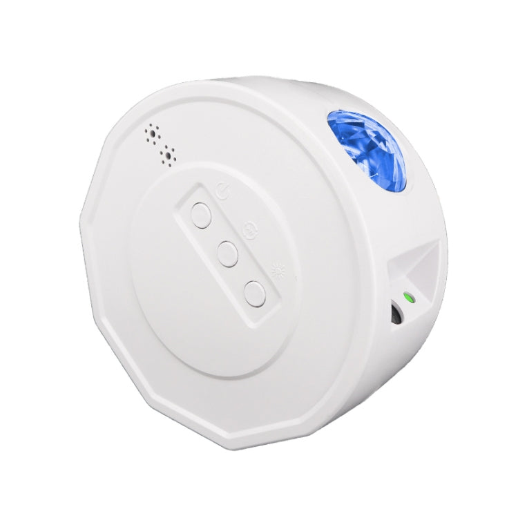 White Bluetooth starry sky projector night light, front view with three control buttons