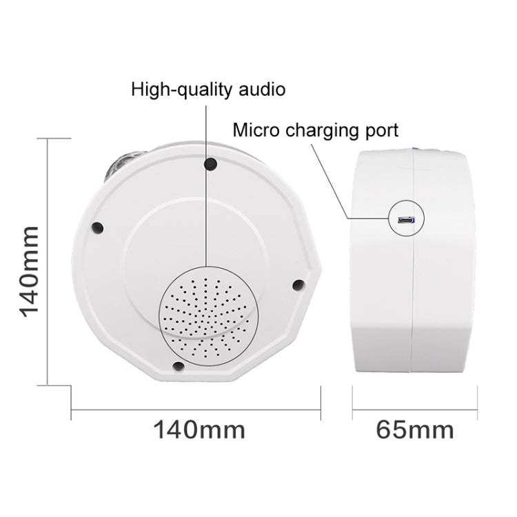 White starry sky projector night light with speaker holes and micro charging port