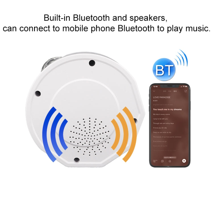 White Bluetooth speaker projector night light showing wireless BT connection range