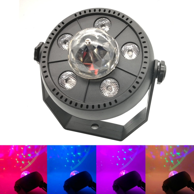 Black LED par light with clear rotating magic ball lens and five surrounding LEDs.