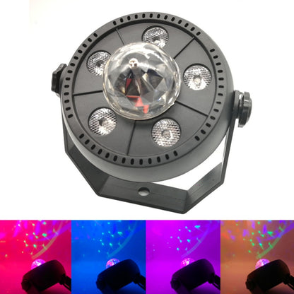 Black LED par light with clear rotating magic ball lens and five surrounding LEDs.