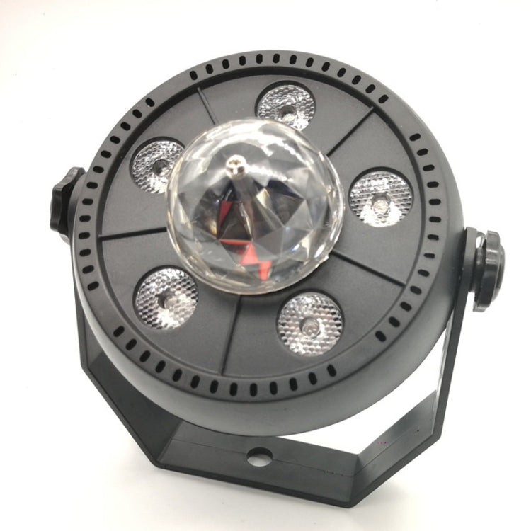 Black LED par light front view with clear magic ball lens and five LED emitters.