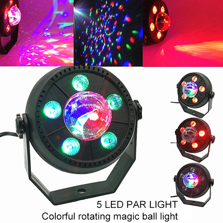 Black stage LED par light with 5 LEDs, clear crystal ball and colored light output.