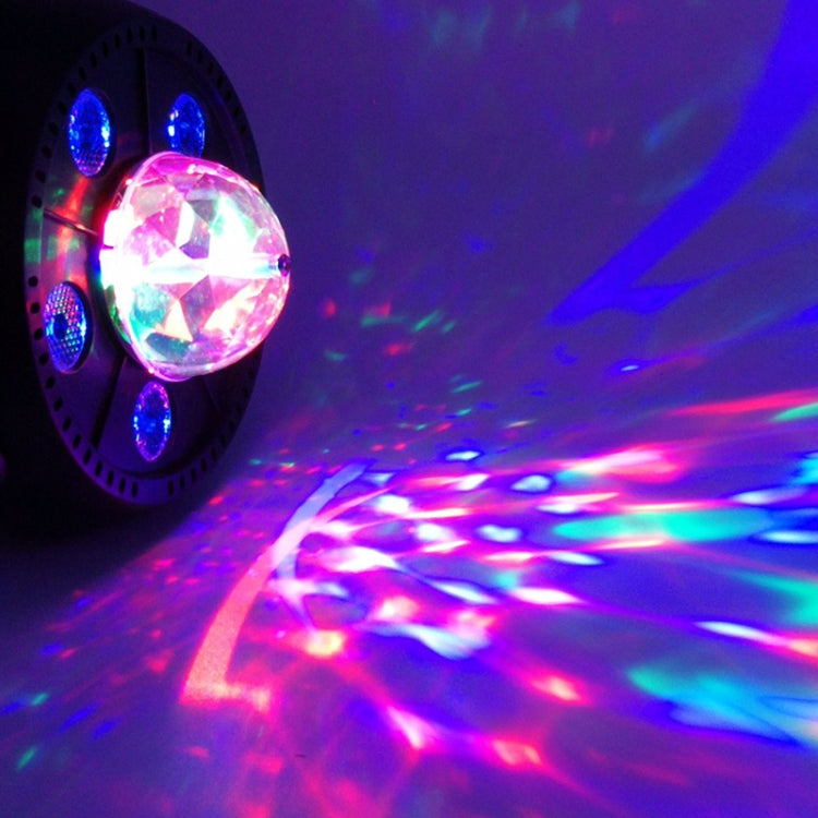 Magic ball LED par light projecting colorful beams from a clear crystal sphere.