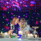 Starry sky stage light projecting colorful stars, moon, and light effects over tabletop