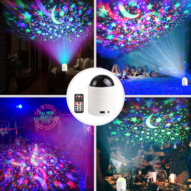 White star projector light with remote control, shown with starry moon projection effects