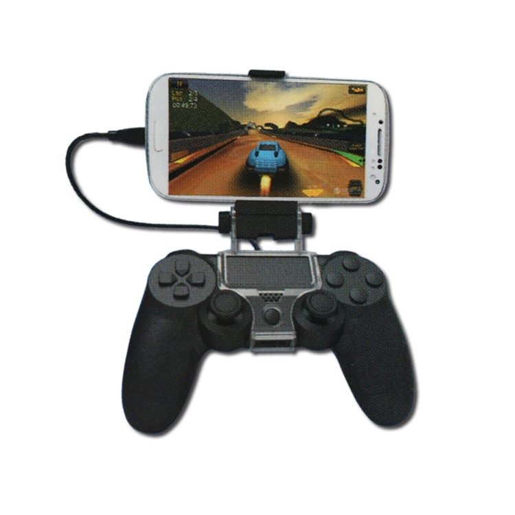 Mobile phone clamp holder with phone mounted on PS4-style controller