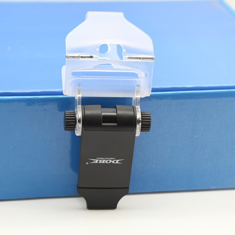 Mobile phone clamp holder with adjustable black cradle and clear top