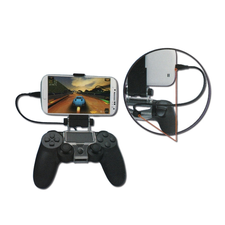 Mobile phone clamp holder mounted on controller with close-up of side clamp