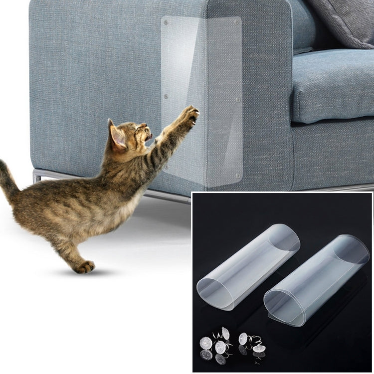 Clear PVC anti-scratch sofa sticker panel with screw holes, applied to armrest, cat paw