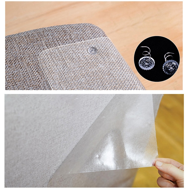 Clear adhesive PVC sheet on textured sofa fabric, hand peeling protective backing
