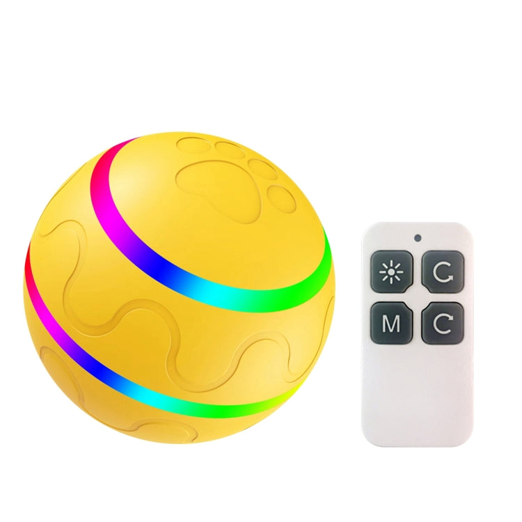 Yellow LED luminous pet toy ball with rainbow light ring and white remote control