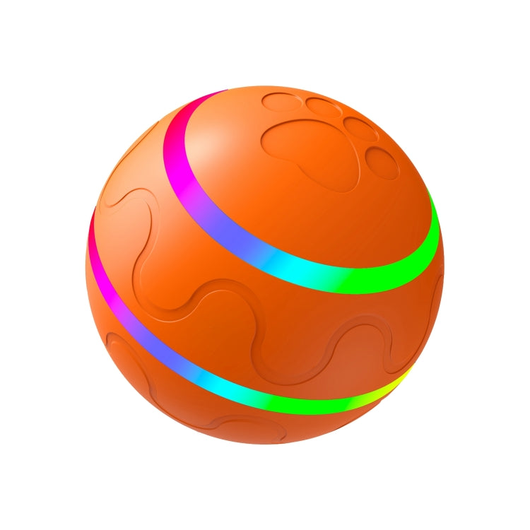 Orange glowing RGB auto pet toy ball with textured grip and LED light ring