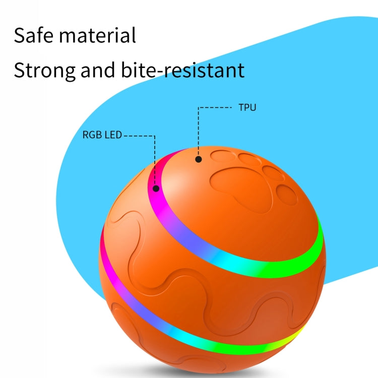 Orange auto pet toy ball with RGB LED glow around the textured surface