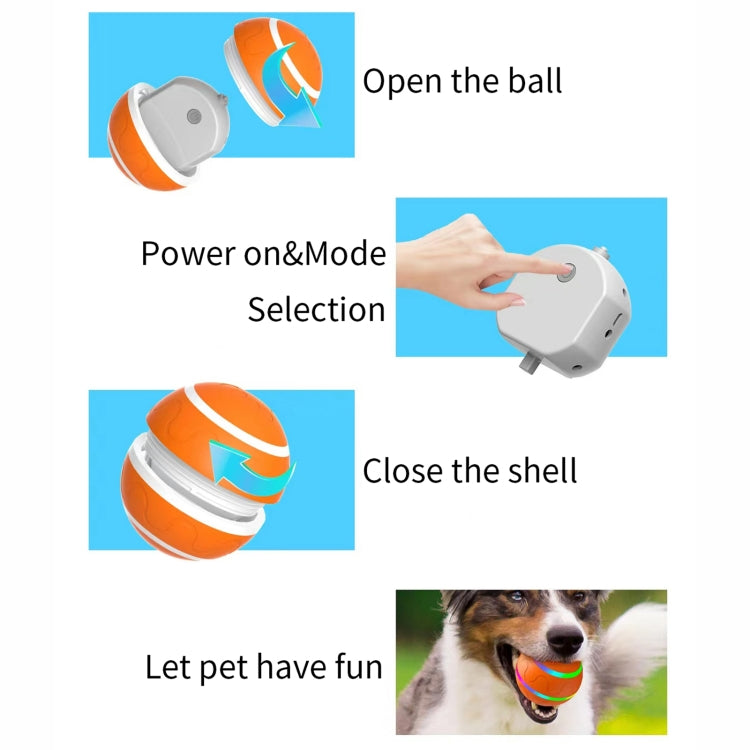 Auto pet toy ball with open and closed shell shown for power and mode selection