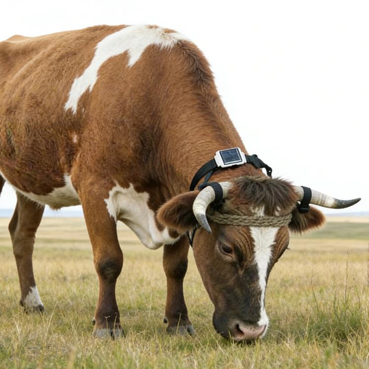 Cow wearing black cattle tracking collar with rectangular GPS module on neck