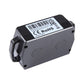 Black GPS tracker device with compliance label on top, close-up rear view