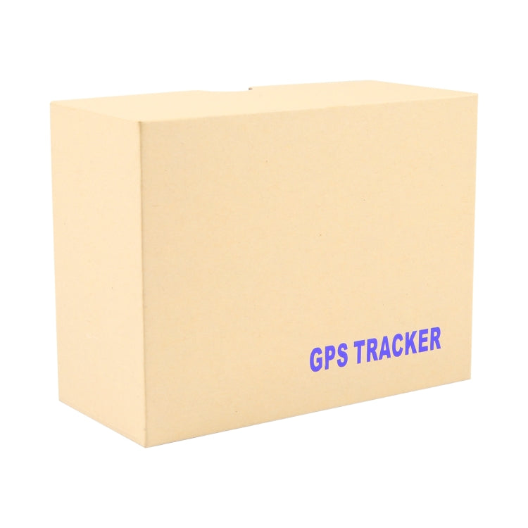 GPS tracker packaging box, light brown cardboard with blue "GPS TRACKER" text