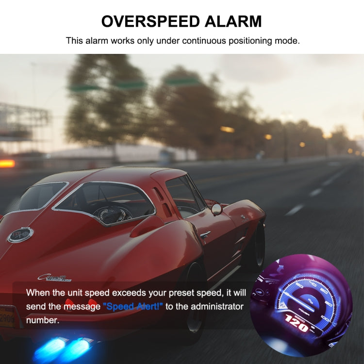 Overspeed alarm feature for GPS tracker shown with car speed alert graphic