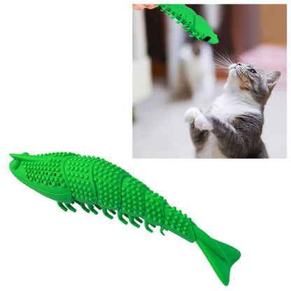 Green fish-shaped cat teething toy with rubber nubs and side chew prongs