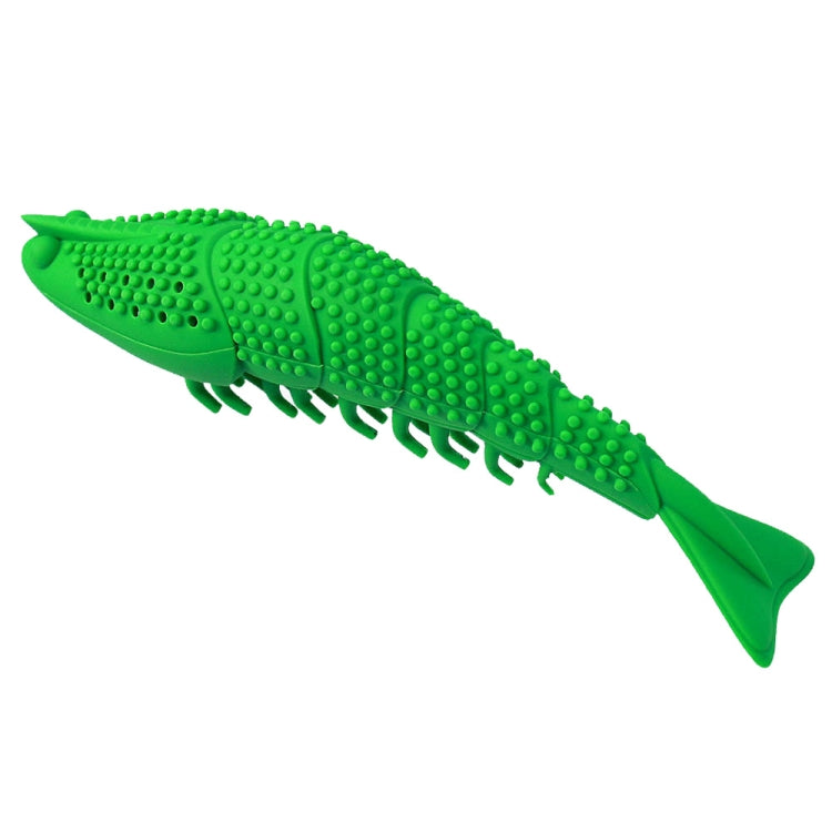 Green fish-shaped cat teether toy with raised nubs and row of chew prongs