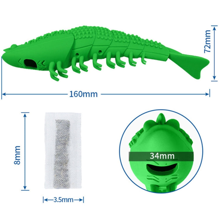 Green fish cat teether toy with rubber nubs; size diagram shown