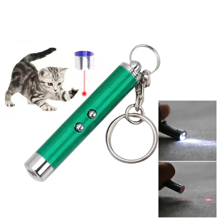 Green LED laser pen with keychain ring, projecting a small red dot for cats.