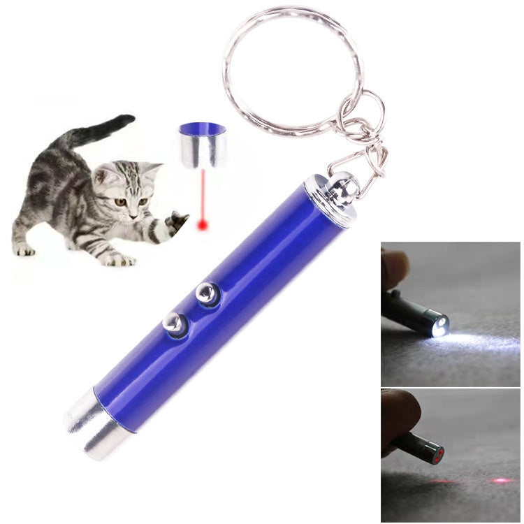 Blue LED laser pen with keychain ring, projecting a small red dot for cat play.
