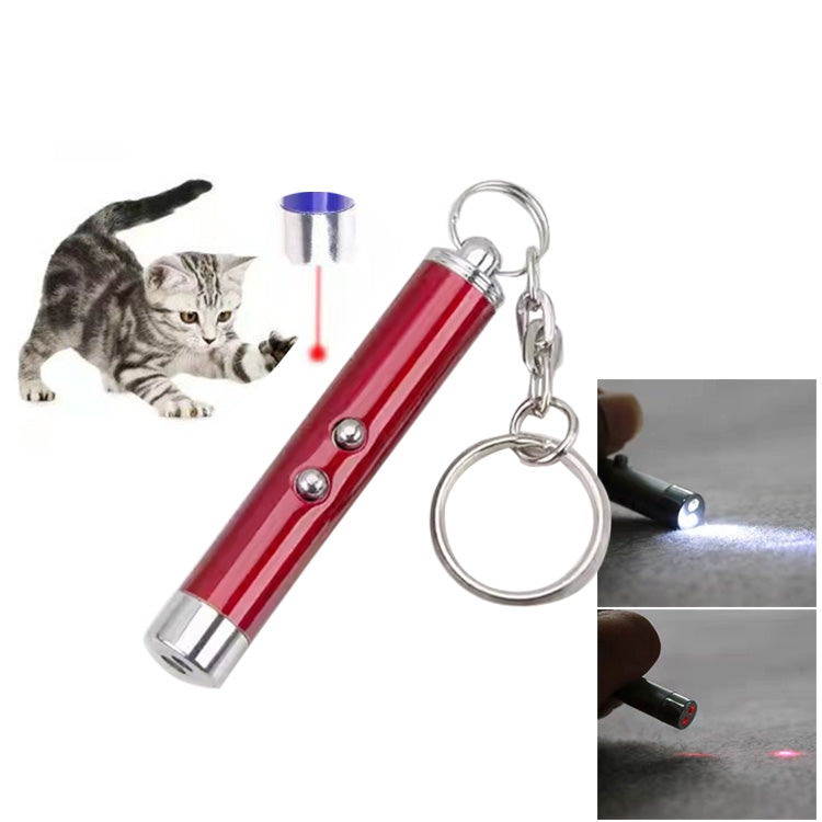 Red LED laser pen with keychain ring, projecting a small red dot for cats.
