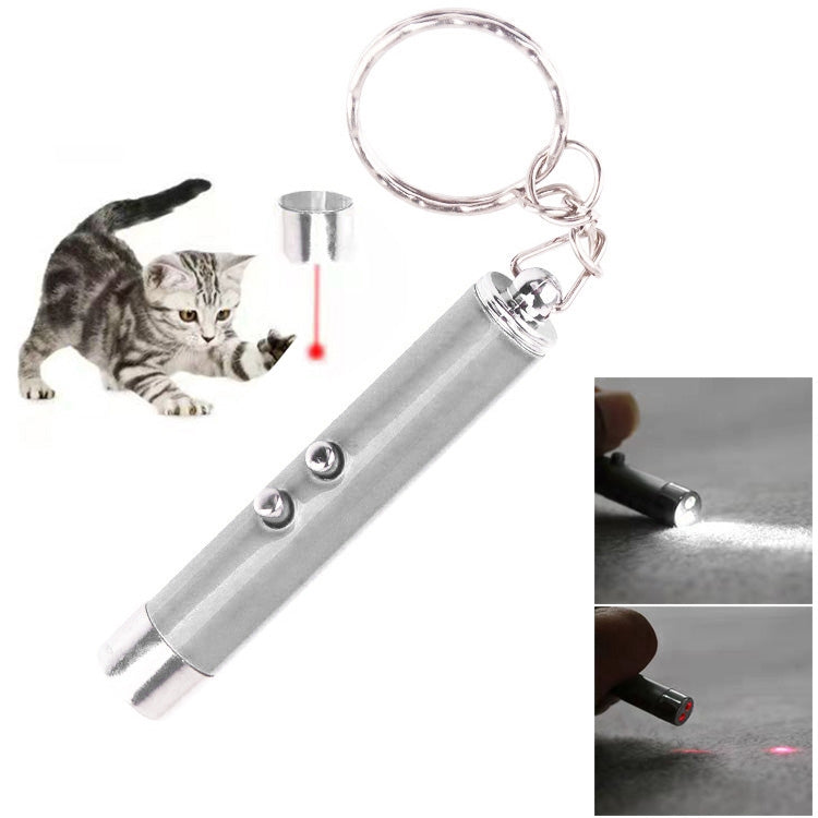 Silver LED laser pen with keychain ring, projecting a red beam dot for pets.