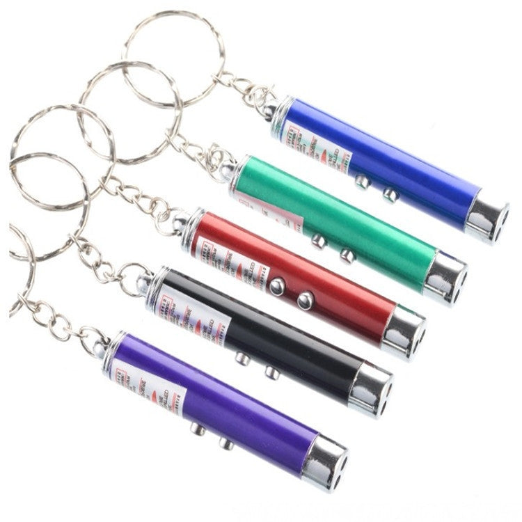 Assorted colored LED laser pens on keychains, featuring metal tips and caps.
