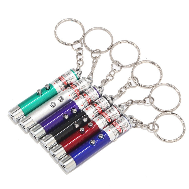 Set of colored LED laser pens with keychain rings and metallic end caps.